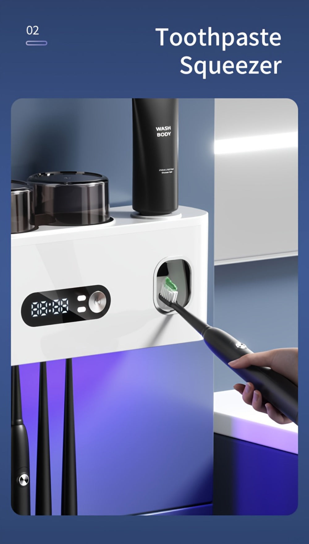 Toothbrush Holder with UV Sterilizer & Automatic Toothpaste Dispenser ¨C 5-Slot Smart Bathroom Organizer with 2 Cups, USB Rechargeable, Clock Display, Durable Plastic Wall Mount for Family Oral Care