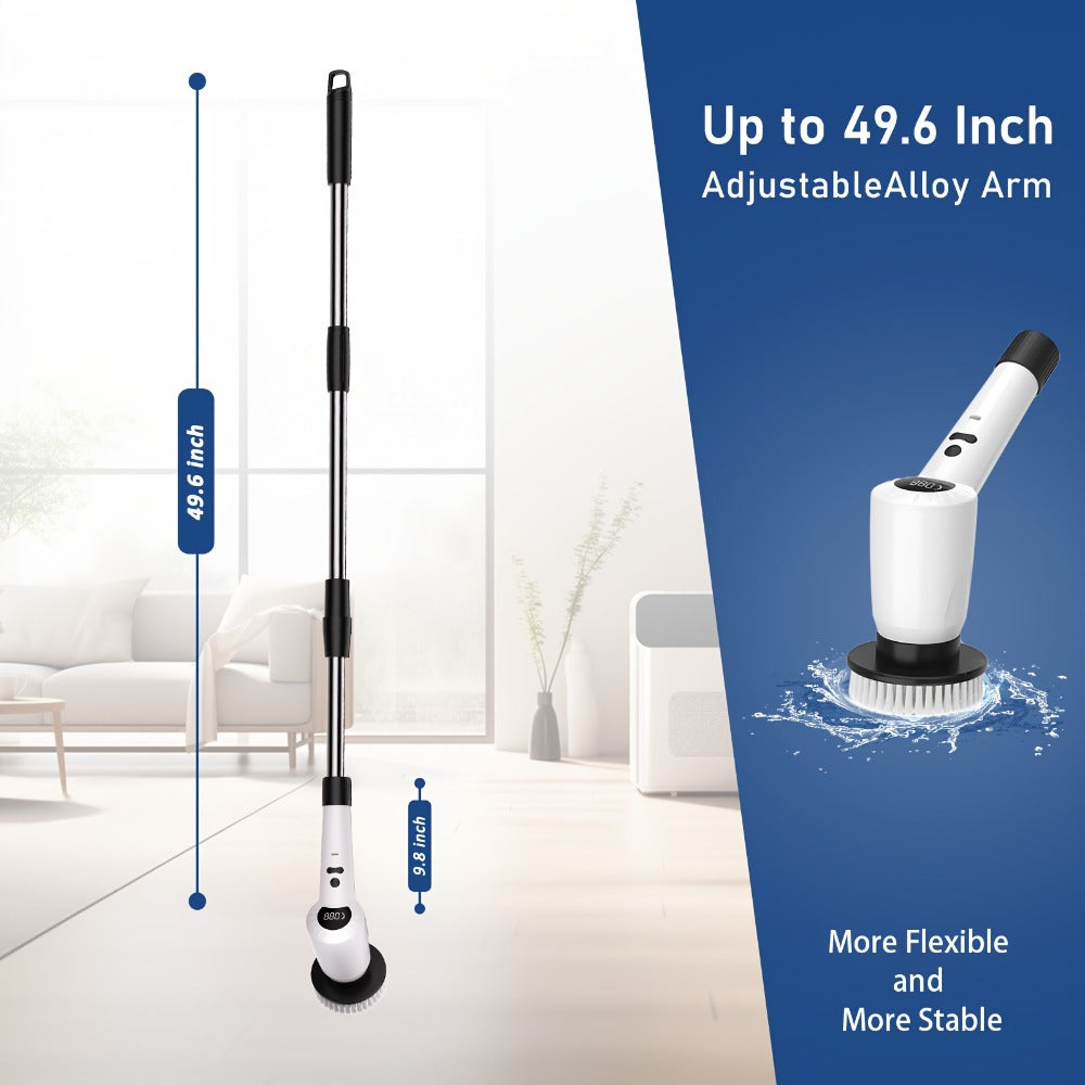 Electric Spin Scrubber 7-in-1 Cordless Rotary Cleaning Brush 7 Interchangeable Heads 3 Speed Settings Adjustable Extension Arm Power Display for Bathroom Shower Tile Grout Kitchen