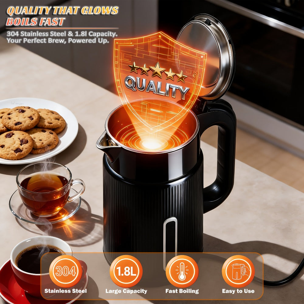 Electric Kettle 1000W Double Wall Stainless Steel ¨C 57.48oz 304 SS Hot Water Kettle with 360¡ã Rotary Base, LED Light, Auto Shut-Off & Boil-Dry Protection, Instant Water Warmer for Coffee & Tea ¨C Black