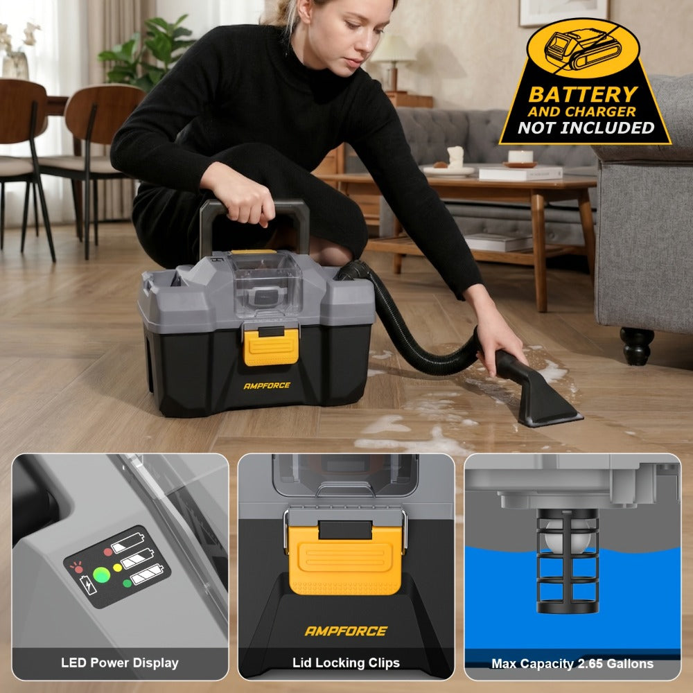Cordless Wet Dry Vacuum 20V 2 Gallon - Powerful Suction Compatible with DeWalt 20V Batteries Long Hose 4 Nozzles Replacement Cartridge | Tool Only | Home Car Workshop Garage Cleaning