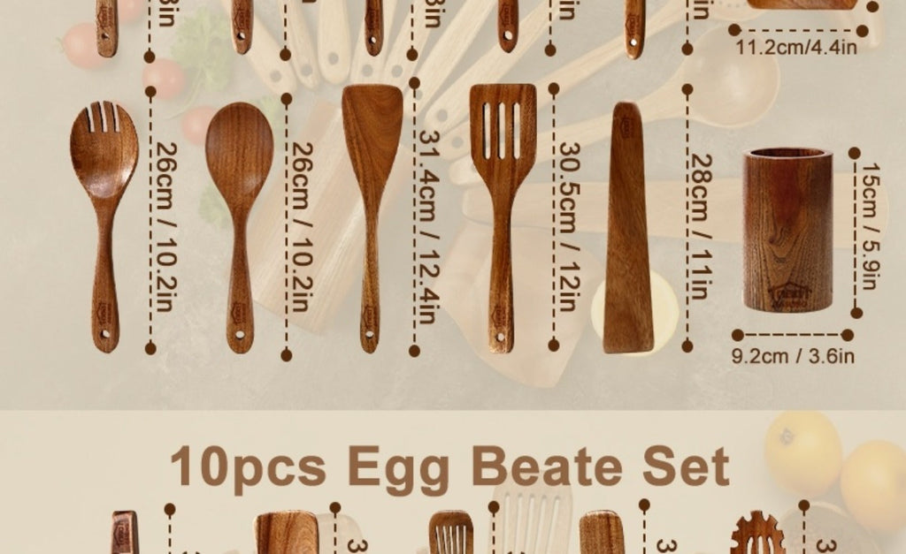 Wooden Spoons for Cooking 10 Pcs ¨C Teak Wood Kitchen Utensils Set, Non-Stick Safe Spatulas & Spoon Cooking Tools