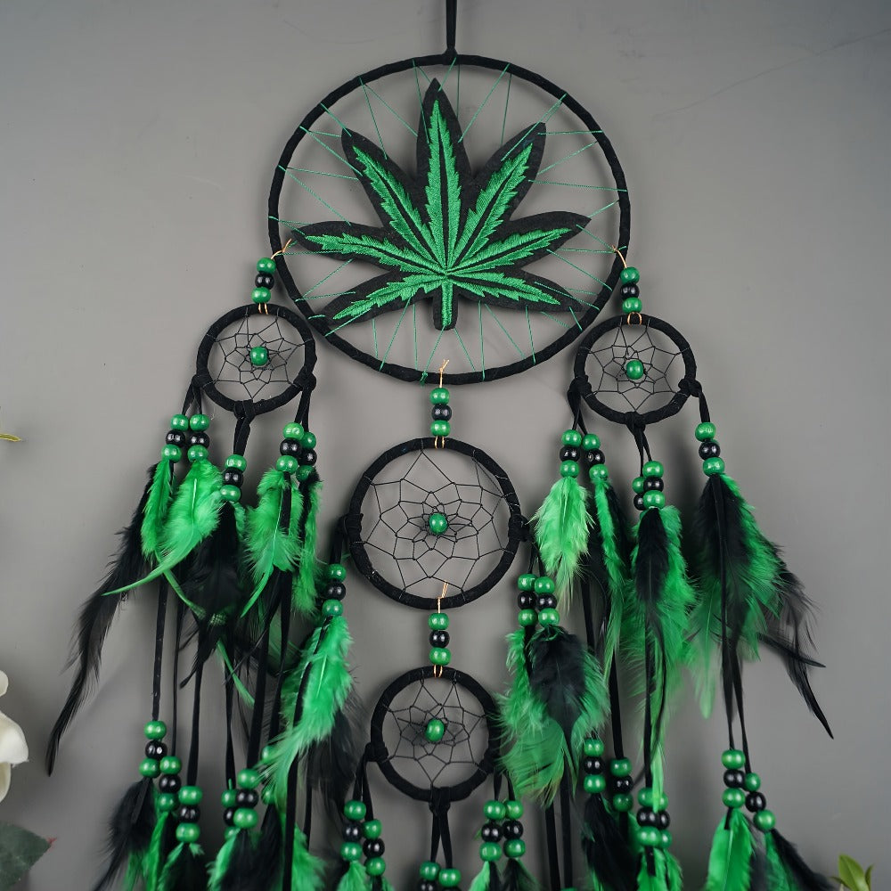 Bohemian Dream Catcher with Feathers & Leaf Embroidery ¨C Boho Wall Hanging Decor for Bedroom, Bedside, Cabin & Living Room ¨C Handcrafted Woven Dreamcatcher Gift for Women and Men