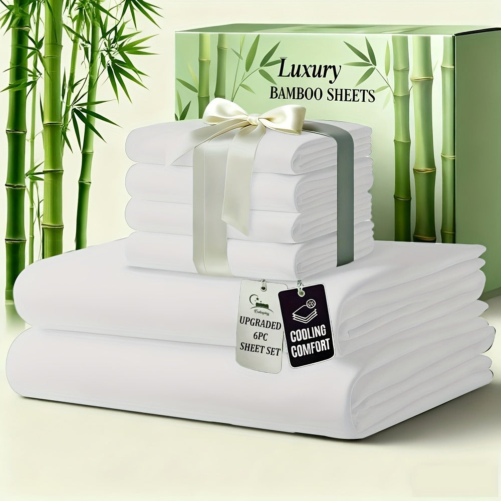 Bamboo Bed Sheet Set 6-Piece Cooling Soft Bedding with Deep Pocket Fitted Sheet - Viscose Derived from Bamboo Sheets Twin Full Queen King Size Breathable Wrinkle-Resistant Luxury Bedding Set