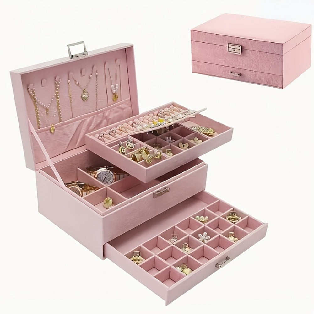 Velvet Jewelry Organizer Box with Lock & Drawers ¨C Large Capacity Storage Case for Rings, Necklaces, Earrings & Bracelets, Travel Jewelry Box