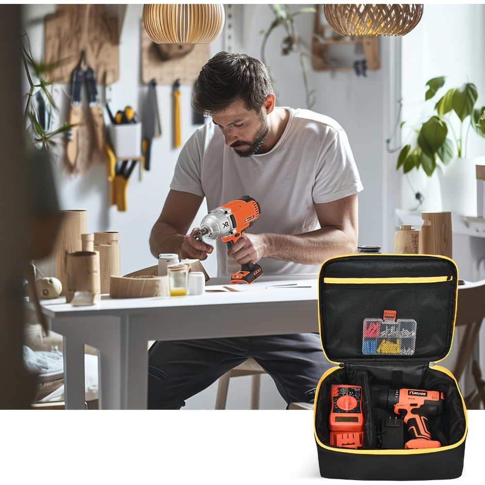 Tool Bag for Dewalt Cordless Router DCW600B XTR01Z - Heavy Duty Fabric Organizer with Mesh Pockets, Battery Holder, Charger Compartment, Drill Bit Storage, Black Yellow Trim