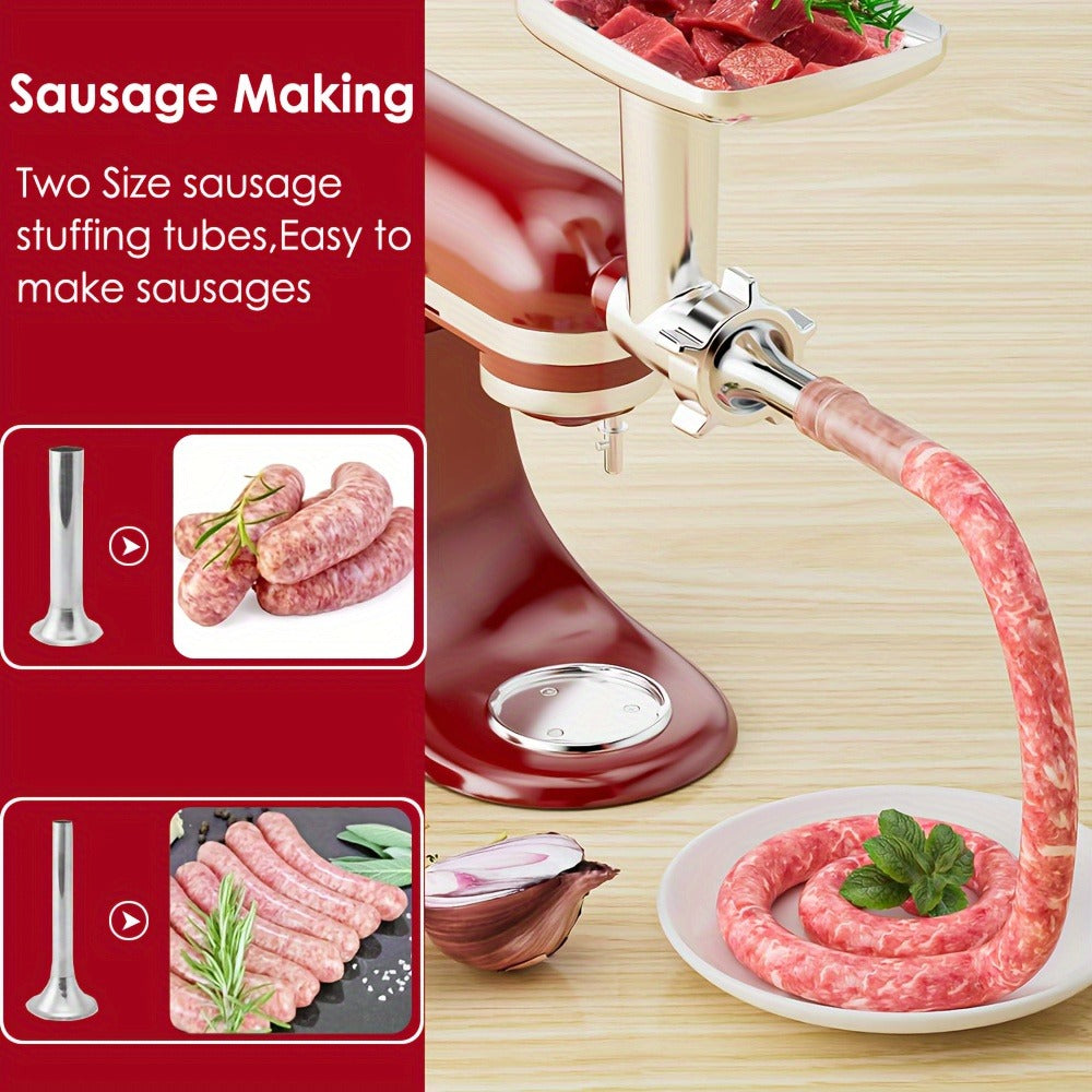Metal Meat Grinder Attachment for KitchenAid Stand Mixers with 4 Grinding Plates 4 Blades 2 Sausage Stuffer Tubes Holder and Cleaning Brush Food Grinder for All KitchenAid Mixers