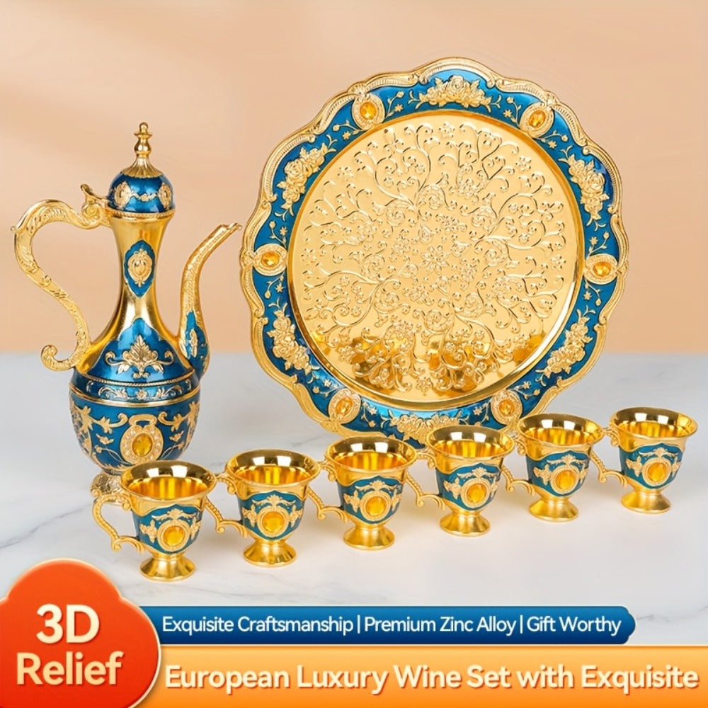 Vintage Turkish Coffee Tea Set ¨C Zinc Alloy Teapot, 6 Cups & Tray | European Style Luxury Gift Set for Tea, Coffee & Cappuccino