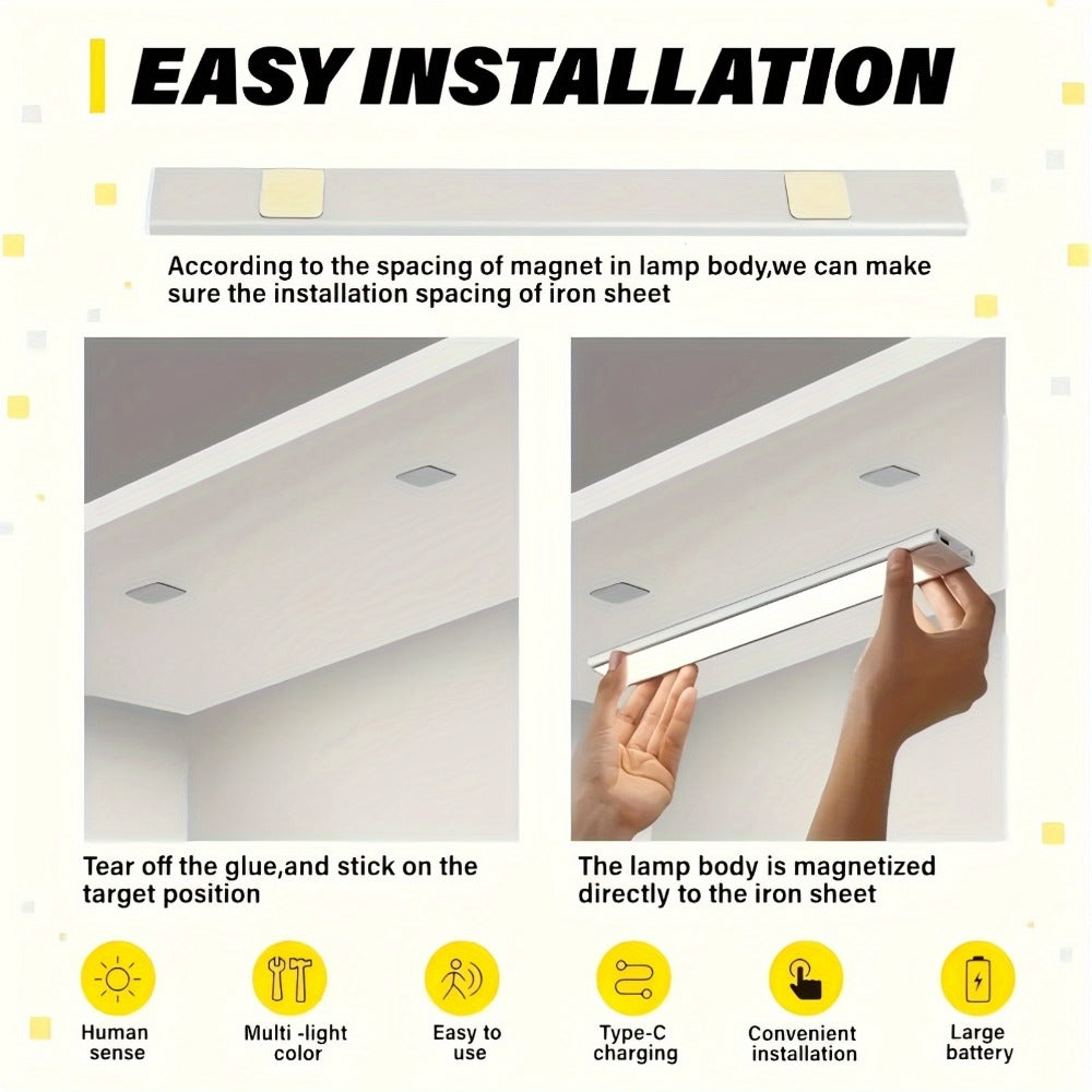 Motion Sensor Under Cabinet Lights 2 Pack | Wireless USB Rechargeable Dimmable 3 Color Temperatures Stick-On Magnetic LED Light for Kitchen Cabinet Wardrobe Stairs Cupboard