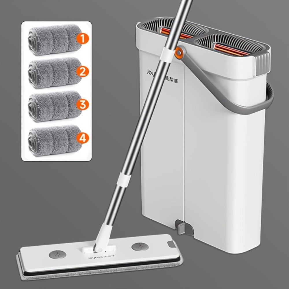Flat Mop and Bucket Set with Metal Rod 360 Degree Swivel Head Reusable Microfiber Pads Hands-Free Wringing Wet Dry Floor Cleaning System for Hardwood Tile Bathroom Bedroom Living Room