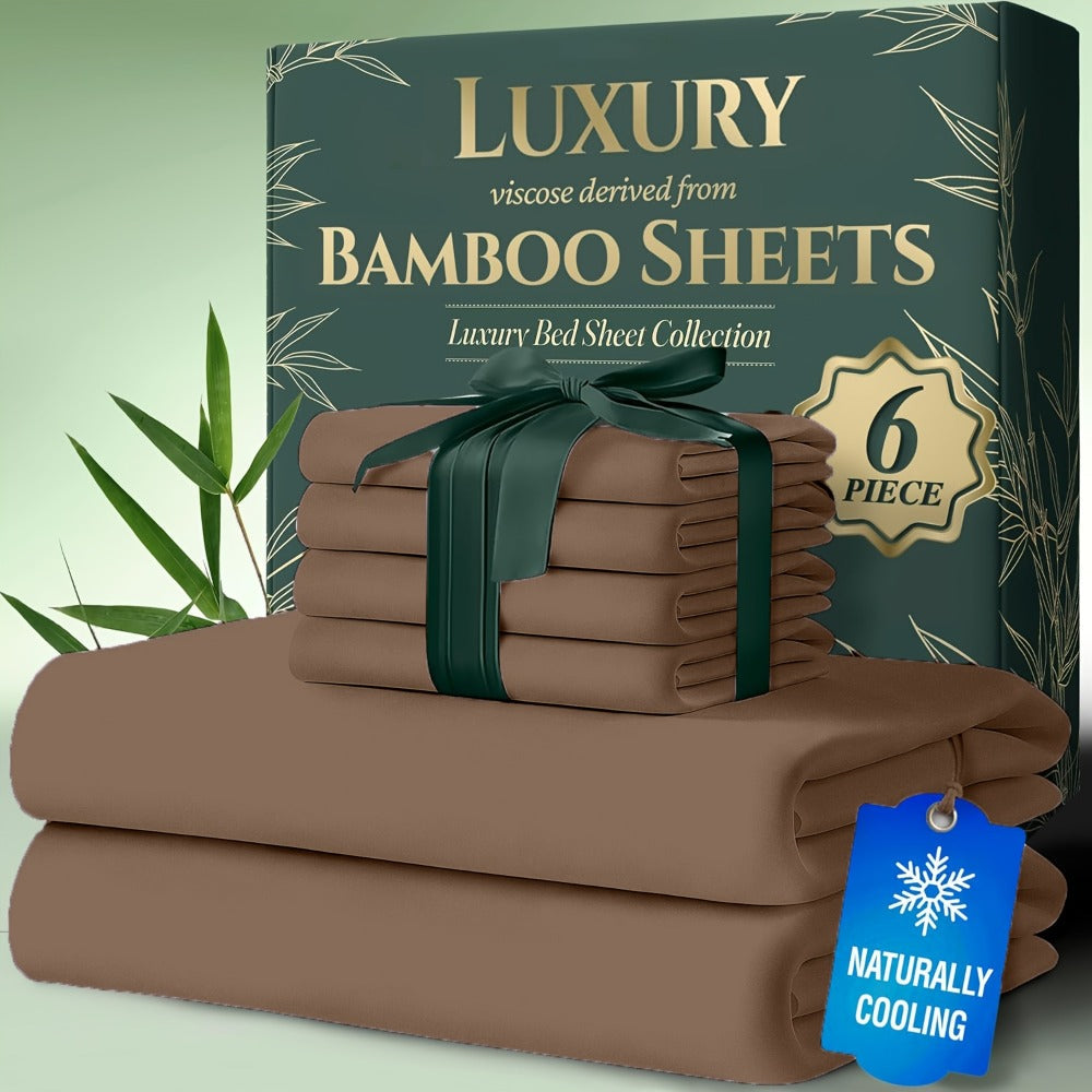 Cooling Bamboo Bed Sheet Set 6pcs Ultra Soft Deep Pocket 17 Inch Double Stitching Breathable Sheets for Hot Sleepers Twin Full Queen King