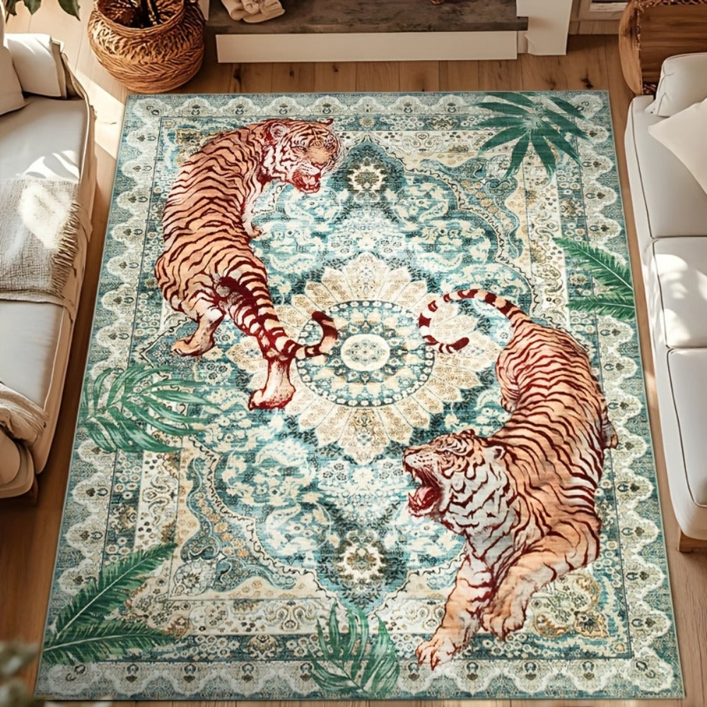 Tiger Print Rug Washable Non-Slip Area Rug - Jungle Forest Design Ultra-Thin Indoor Carpet for Living Room Bedroom Home Office, Red Green Beige, 5x7 6x9 8x10 9x12ft