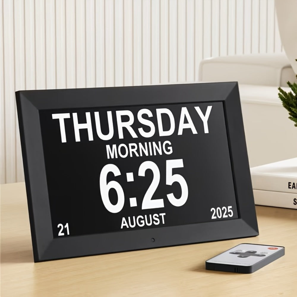 Digital Photo Frame Clock Large Display Calendar Alarm Clock for Seniors USB Powered Supports Photo Video Playback 7 10.1 Inch Bedroom Decor