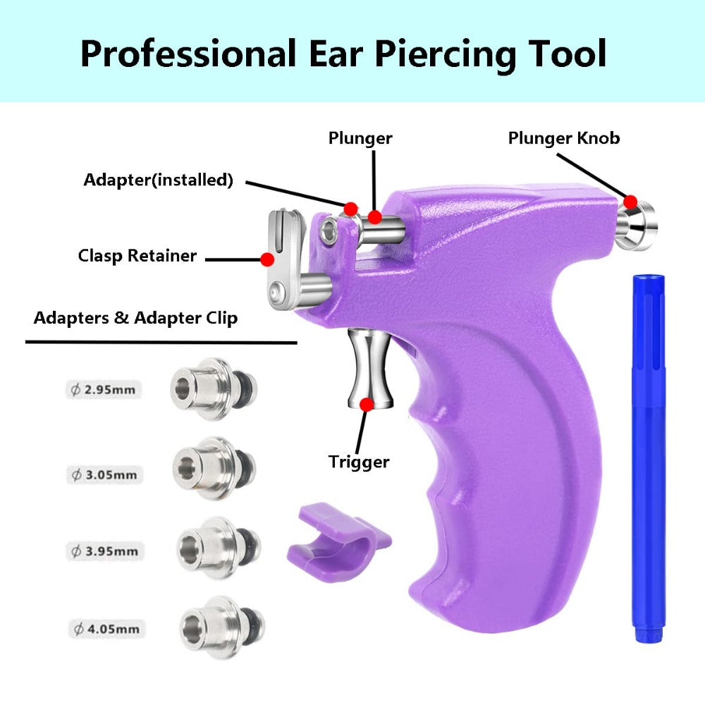 Ear Piercing Gun Kit with 24pcs Stainless Steel Studs ¨C Professional Self Piercing Tool for Ear & Nose with Marking Pen, Safe & Easy to Use for Home & Salon