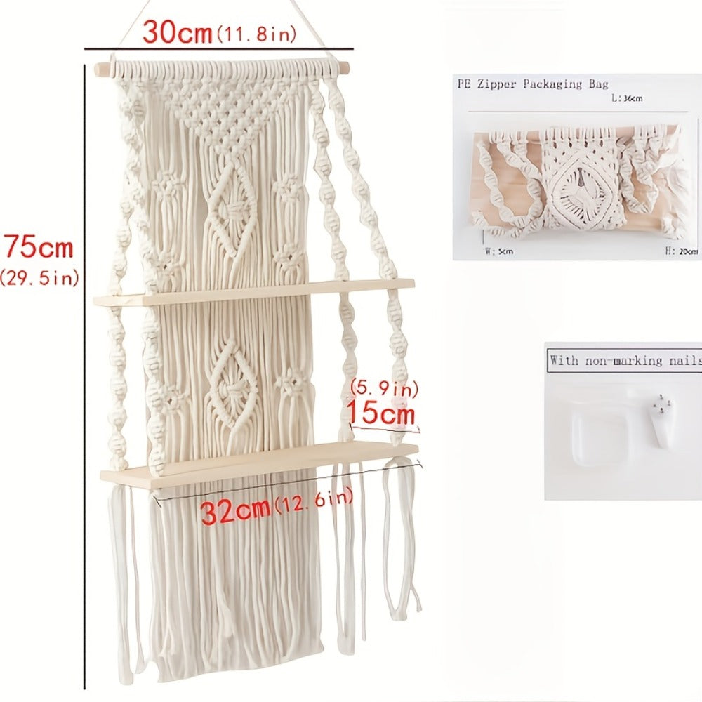 Macrame Wall Hanging with Tassel, Boho Woven Wall Decor for Living Room Bedroom Balcony, Two-Layer Lace Plant Hanger for Photo Frames & Small Plants ¨C Bohemian Home Decor Wall Art