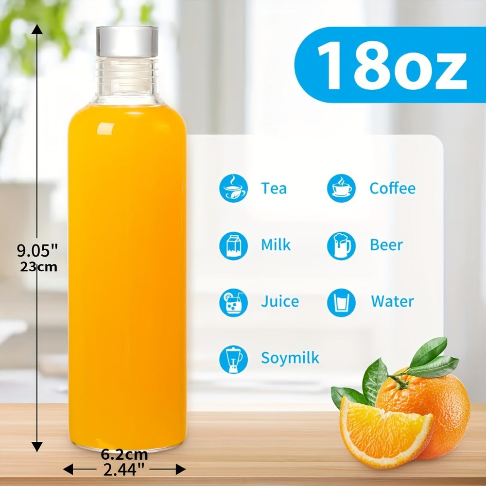 Borosilicate Glass Water Bottle Set of 6 with Lid Sleeve and Cleaning Brush ¨C 18oz Reusable Juice Bottles | Non-Slip Sports Drinking Vessels for Home Office Gym Travel