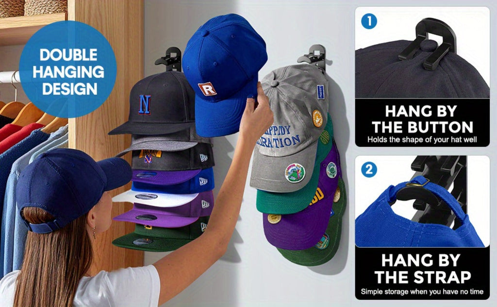 Wall Mounted Hat Rack for Baseball Caps ¨C Adhesive or Drill Mount, Holds 20 Hats, Multilayer Storage, 2pcs