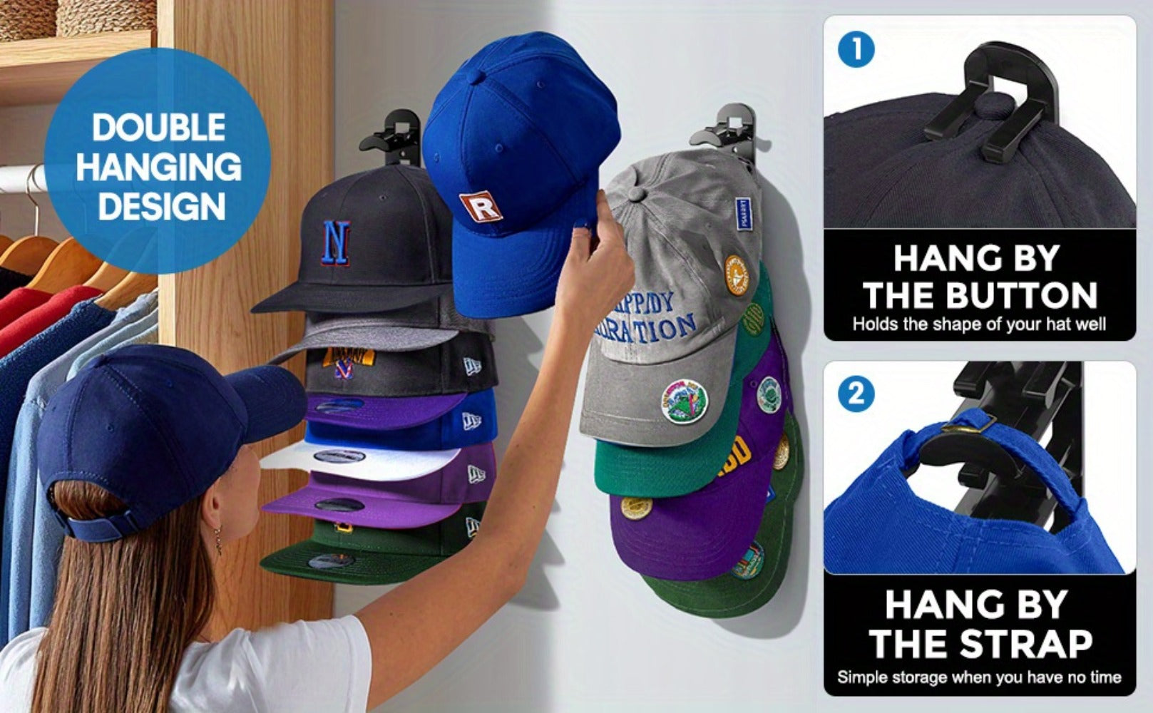 Wall Mounted Hat Rack for Baseball Caps ¨C Adhesive or Drill Mount, Holds 20 Hats, Multilayer Storage, 2pcs