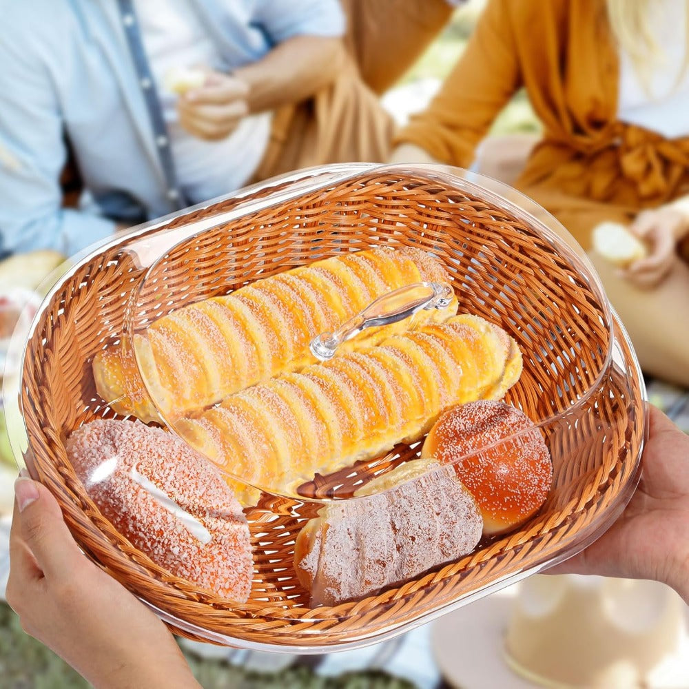 Woven Bread Basket with Lid Oval Rattan Food Basket for Serving Storage Fruits Vegetables Kitchen Dining Table Decor