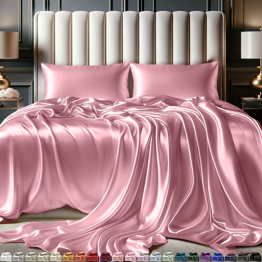 Satin Sheet Set 4 Piece Luxury Silky Smooth Soft Microfiber 15 Inch Deep Pocket Good for Hair Skin Double Stitching Wrinkle Free Twin Full Queen King