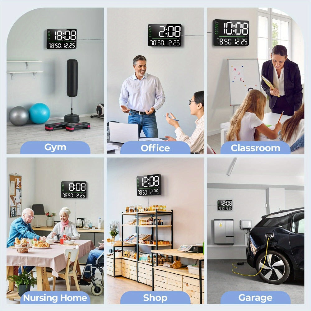 Digital Wall Clock 16 Inch LED with Remote Control ¨C Large Display Shows Time, Date, Day of Week & Indoor Temperature, Modern Decor for Bedroom, Living Room, Office, Gym & Garage (White)