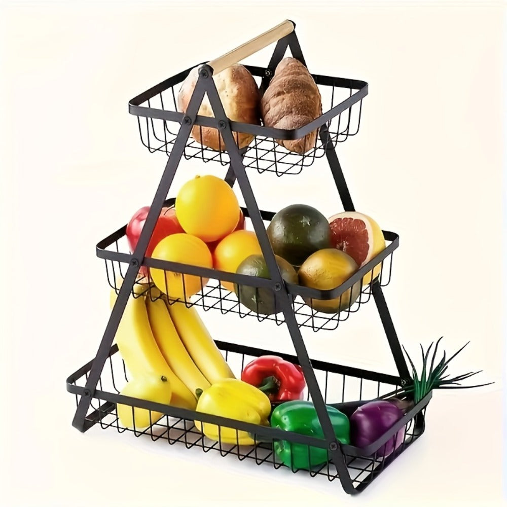 Metal Wire Bathroom Storage Basket with Wooden Handle Multi-Tier Countertop Organizer Detachable Fruit Basket Kitchen Pantry Bedroom Desk Organization