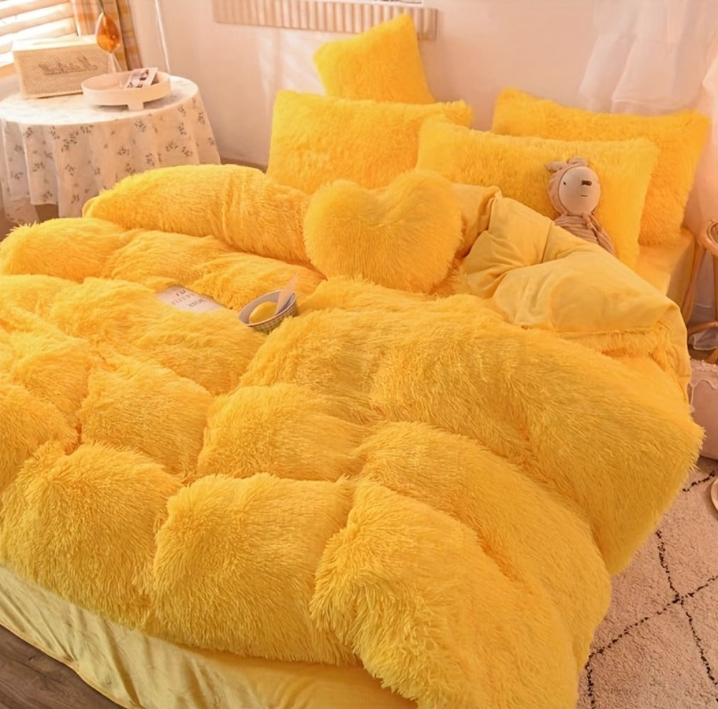 Fluffy Bedding Set 4pcs Soft Warm Plush Duvet Cover with Pillowcases Queen King - Cozy Autumn Winter Comforter Set 8 Colors