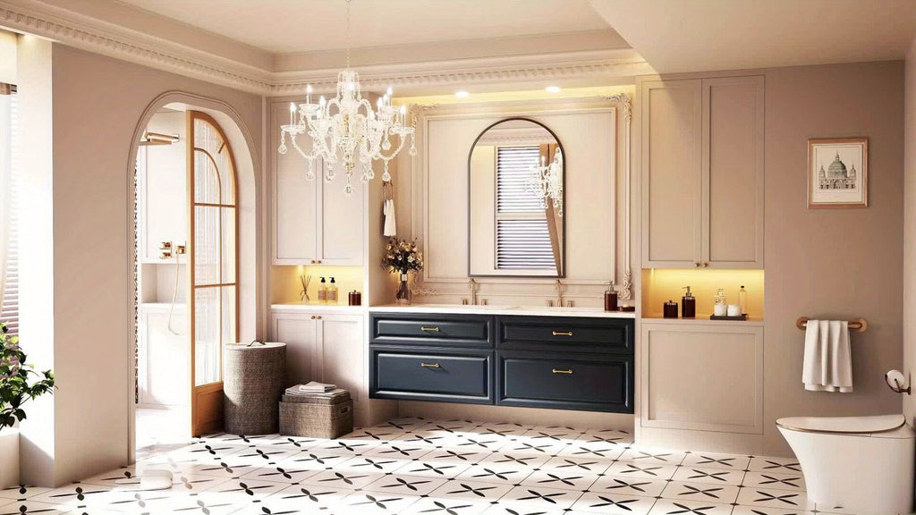 Arched Bathroom Mirror Metal Frame Wall Mounted Vanity Mirror Golden Black