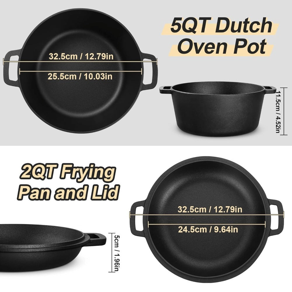 Cast Iron Dutch Oven 5 Quart Pre-Seasoned with Skillet Lid | 2-in-1 Non-Stick Crock Pot with Handles for Braising, Roasting & Casserole ¨C All-in-One Cookware, Black