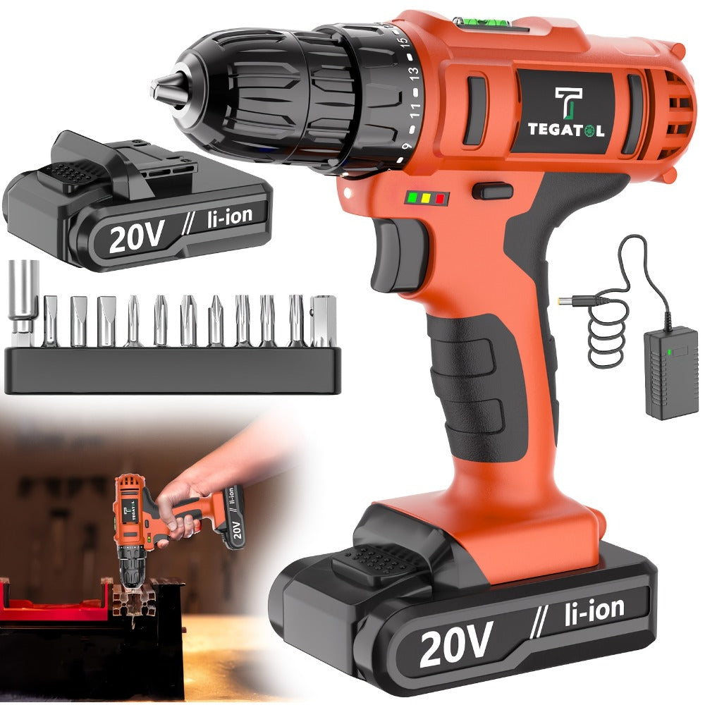 20V Cordless Drill Set Impact Power Drill 3/8 Inch Keyless Chuck 18+3 Clutch 45Nm Max Torque 2-Speed Work Light 2.0Ah Battery Fast Charger 136 148 PCS Kit
