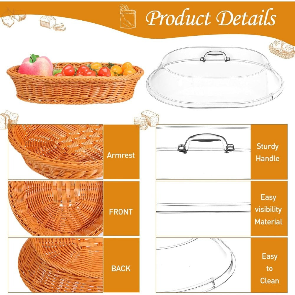 Woven Bread Basket with Lid Oval Rattan Food Basket for Serving Storage Fruits Vegetables Kitchen Dining Table Decor