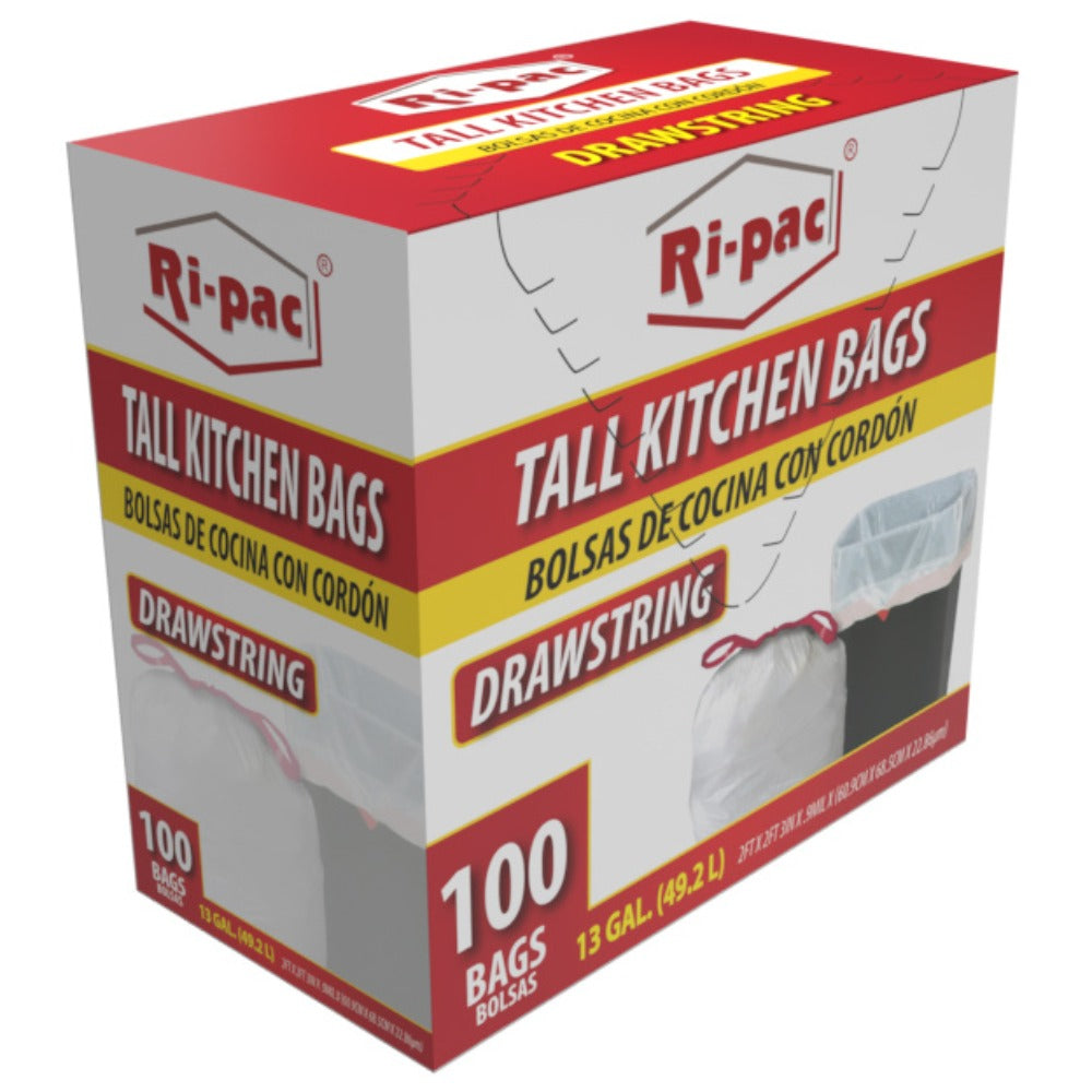 White Drawstring Trash Bags 13 Gallon 100 Count, Tall Kitchen Garbage Bags 0.9 Mil, 2 ft x 2 ft 3 in, Easy-Tie Drawstring Closure, Affordable Value Pack for Kitchen, Bathroom & Office Trash Cans