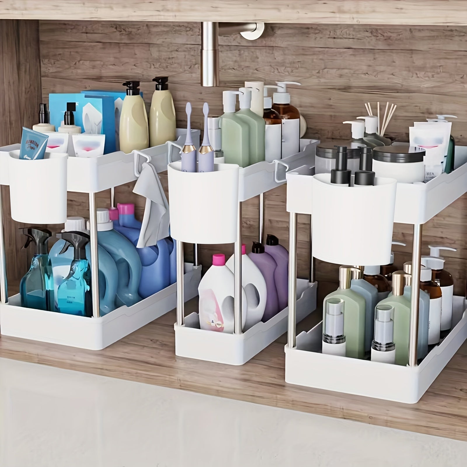 Under Sink Organizer 3-Pack 2-Tier Storage Rack ¨C Bathroom Cabinet Organizer for Toiletries Cleaning Supplies Kitchen Spices