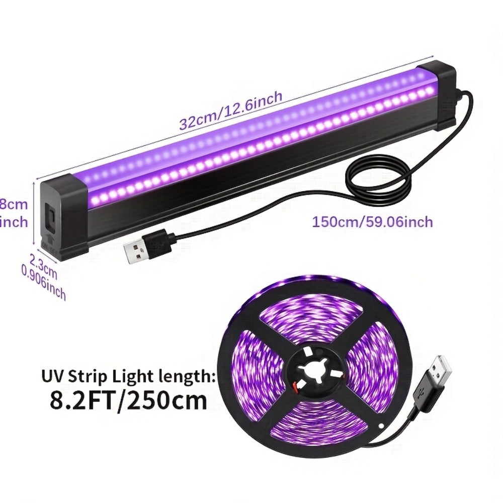 UV Black Light Bars & Strips 8-Piece Set ¨C 385-400nm USB Powered 5V LED Blacklight for Glow Party, Halloween, Neon Party, Body Paint & Fluorescent Art (4x32cm + 4x250cm)