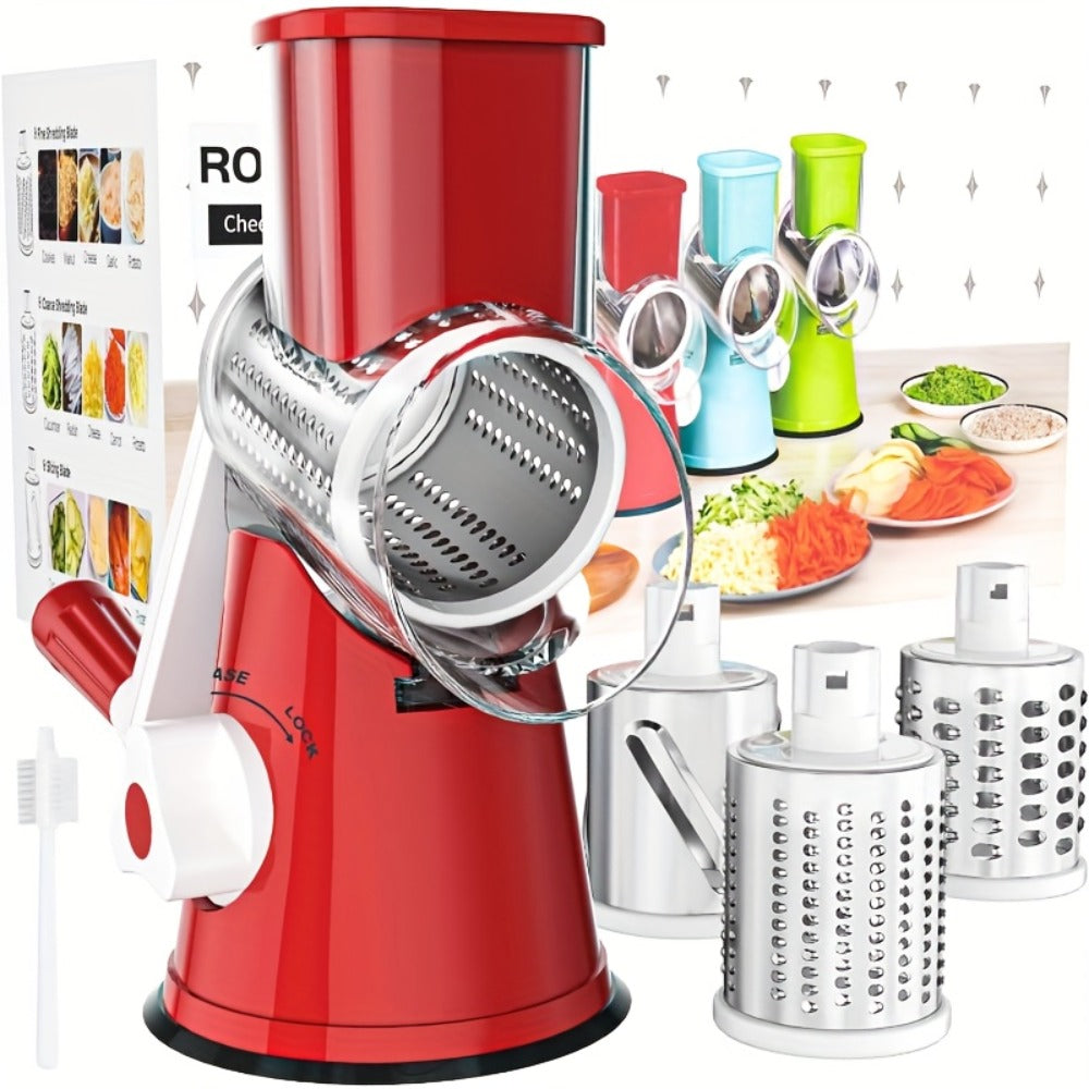 Rotary Cheese Grater with Hand Crank ¨C 3 Interchangeable Blades for Cheese, Vegetables & Nuts, Non-Slip Suction Base, Includes Cleaning Brush ¨C Manual Cheese Shredder for Kitchen (6 Colors)