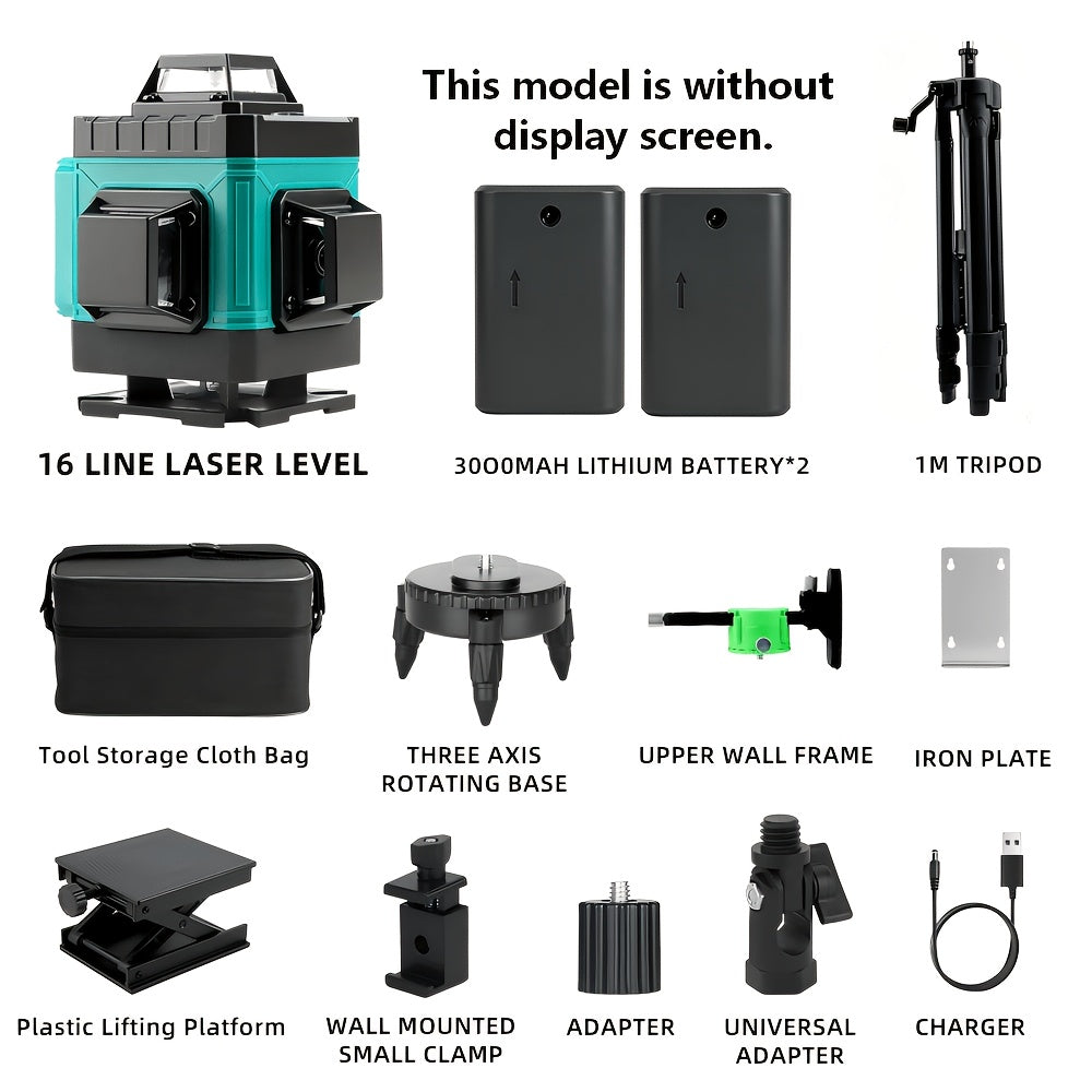 16-Line Laser Level Kit 4D 360 Self Leveling with 2x 3000mAh Battery 39 Inch Tripod Remote Control Lifting Platform for Construction Tile Renovation Wall Floor Alignment