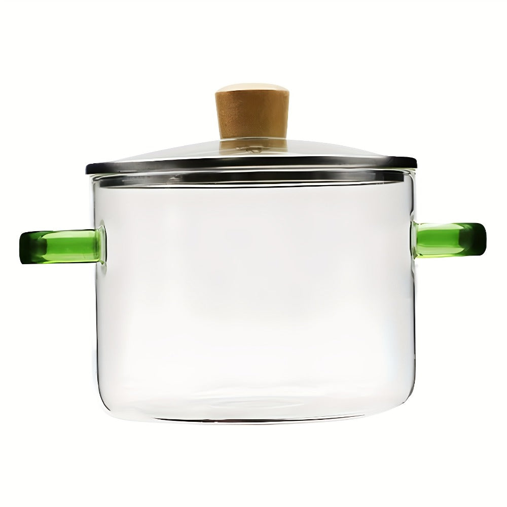 Glass Cooking Pot 54oz 1600ml Borosilicate Heat-Resistant with Lid ¨C Transparent Dumpling & Ramen Pot for Stove & Oven | Odorless Easy-Clean Soup Milk Pot with Green or Yellow Stainless Steel Handle