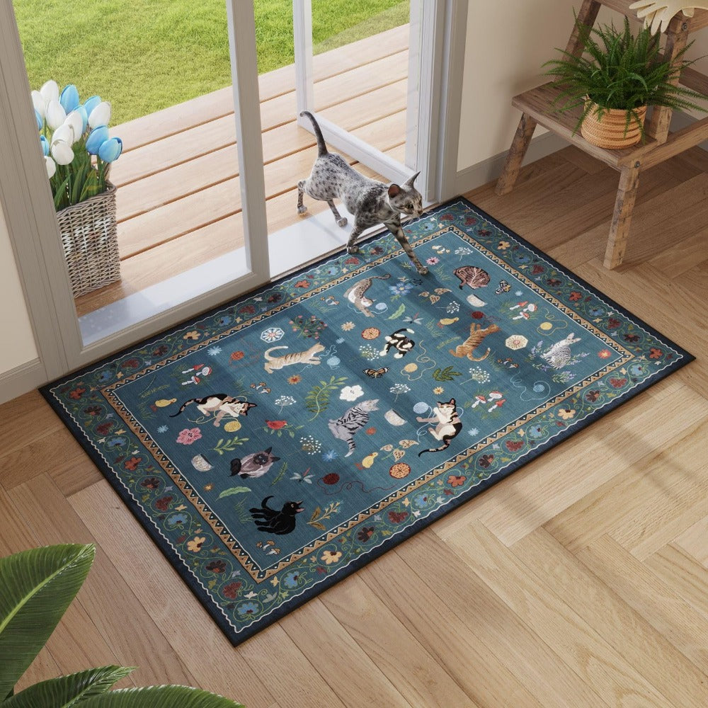 Boho Cat Floral Area Rug ¨C Vintage Blue Animal Print Low Pile Carpet, Non-Slip Soft Rug for Living Room, Bedroom & Dining Room, Round & Runner Sizes, Easy Clean
