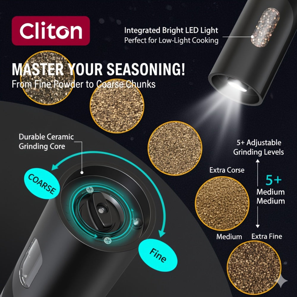 Electric Salt and Pepper Grinder Set ¨C Rechargeable Automatic Mills with LED Light, Adjustable Coarseness & 3.72oz Capacity for Home Kitchen, BBQ, Restaurant & Outdoor Entertaining