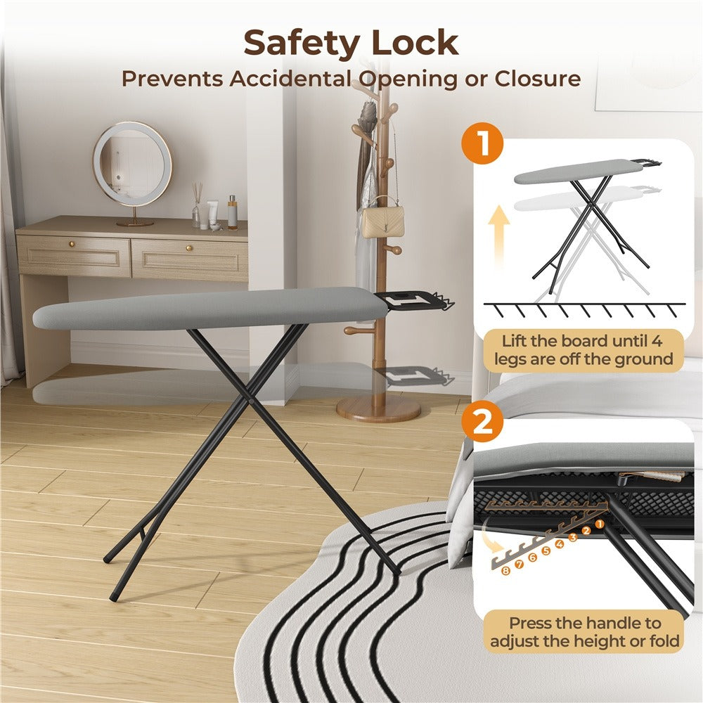 Ironing Board Full Size Adjustable Height Foldable Iron Board with 4-Leg Stand 4-Layer Thick Pad Iron Rest Safety Lock for Home Dorm Laundry Room