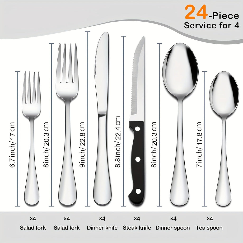 Stainless Steel Flatware Set with Steak Knives ¨C 24/48 Piece Silverware Set Service for 4 or 8, Mirror Polished Cutlery, Dishwasher Safe, Silver & Black