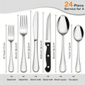 Stainless Steel Flatware Set with Steak Knives ¨C 24/48 Piece Silverware Set Service for 4 or 8, Mirror Polished Cutlery, Dishwasher Safe, Silver & Black