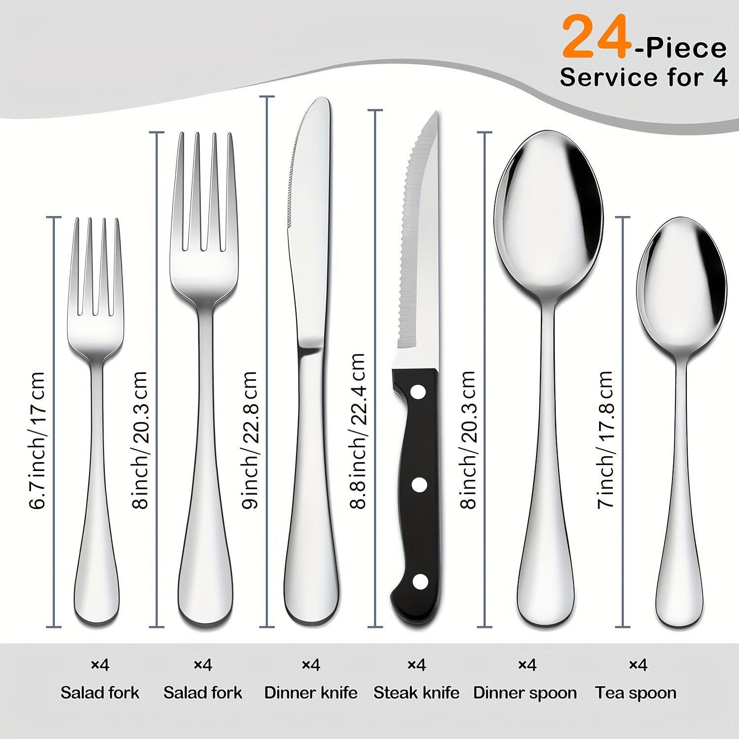 Stainless Steel Flatware Set with Steak Knives ¨C 24/48 Piece Silverware Set Service for 4 or 8, Mirror Polished Cutlery, Dishwasher Safe, Silver & Black