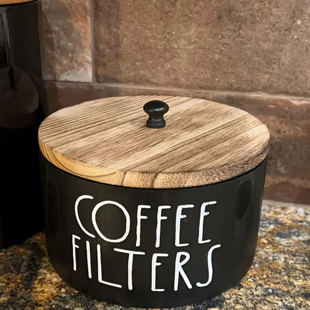 Wooden Coffee Filter Holder with Lid ¨C Large Capacity Rustic Round Organizer Dispenser for Coffee Filters & Tea Bags, Bamboo Lid, Kitchen Countertop Coffee Bar Decor