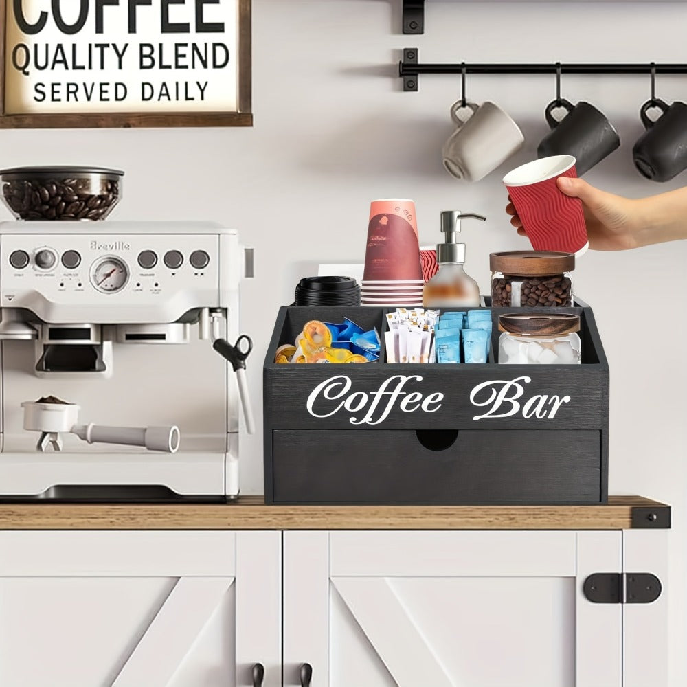 Coffee Bar Organizer with Drawer | Wood Countertop Coffee Station Organizer | 5-Compartment K-Cup Pod Holder Tea Condiment Storage | Rustic Farmhouse Coffee Bar Decor for Kitchen Counter