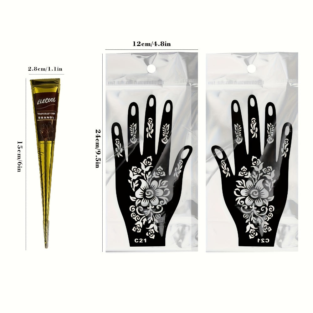 Temporary Semi-Permanent Tattoo Paste Kit - Waterproof Body Art Gel in Brown & Black with Tattoo Templates, Safe Non-Irritating Henna-Style Ink for Parties, Festivals, Cosplay & Daily Decoration