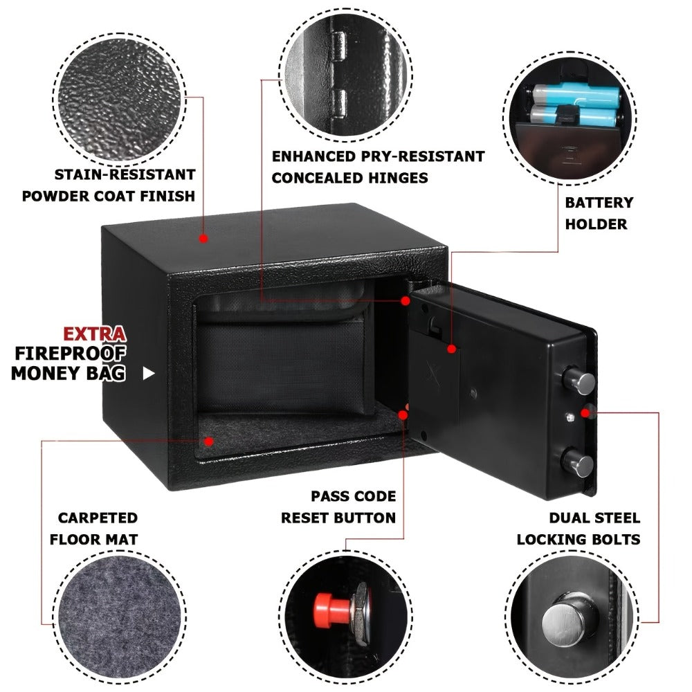 Fireproof Home Safe Box with Digital Keypad and Key Lock Heavy Duty Steel Security Safe for Money Documents Valuables Jewelry Passports 0.23 0.8 1.5 2.2 Cubic Feet Multiple Colors with Cash Bag