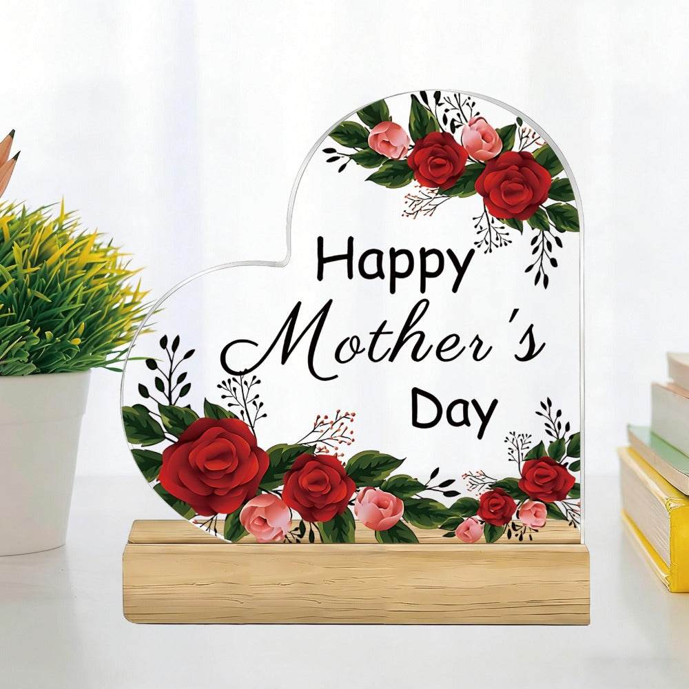 Mother's Day Heart-Shaped Acrylic Sign with Wooden Base | Floral Desktop Ornament for Home Living Room Bedroom | Heartwarming Mom Gift for Mother's Day Celebration Table Decor
