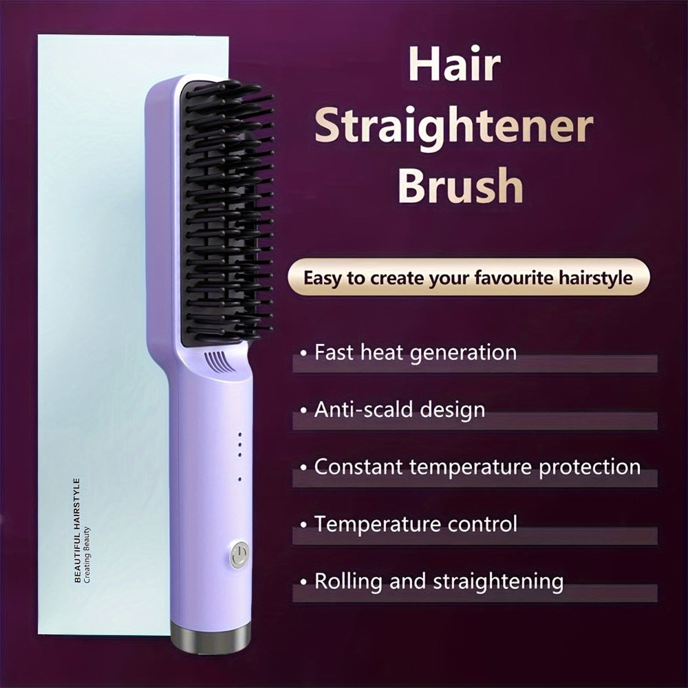 Mini Hair Straightener Comb Ceramic Heating Plate 3 Temperature Settings Fast Heating LED Display Travel Hair Straightening Brush for Women Home Salon Gift