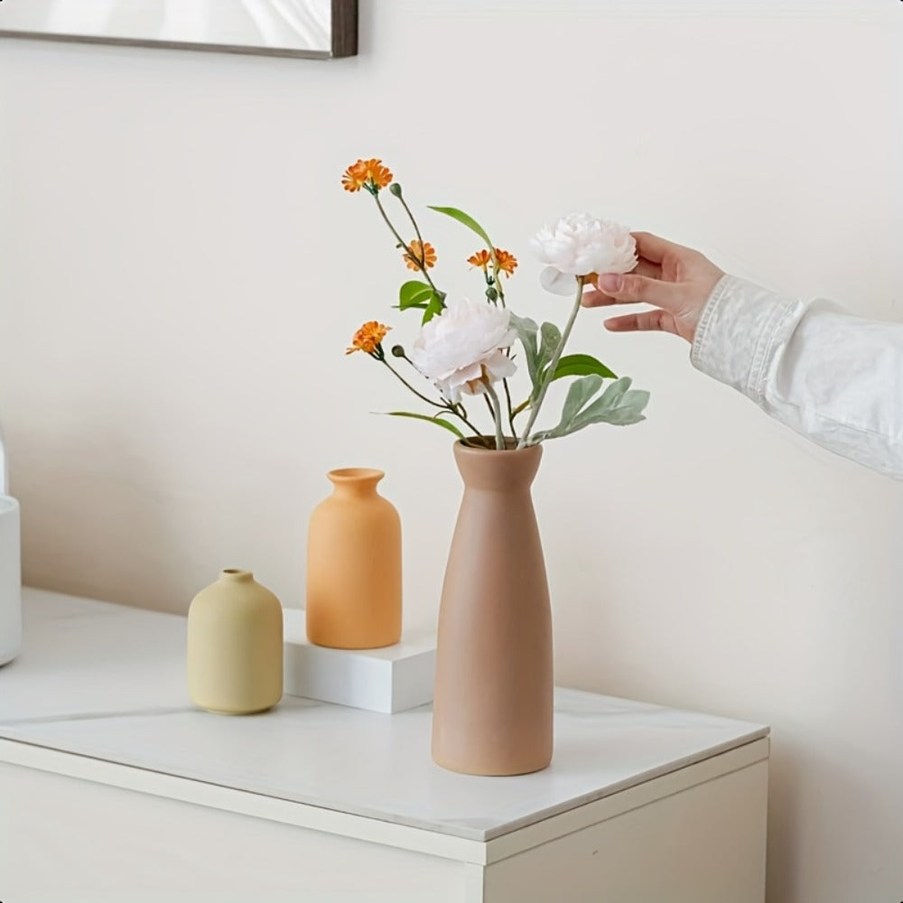 Boho Ceramic Vase Set 3pcs - Matte Nordic Minimalist Geometric Floral Design for Home Decor, Living Room, Entryway, Bookshelf & Bathroom Vanity, Modern Bohemian Decorative Vases, Holiday Gift