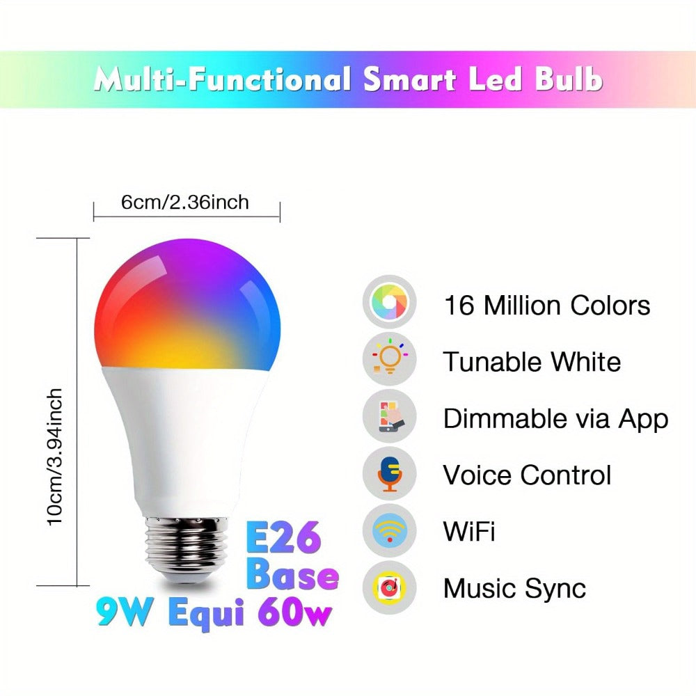 Color Changing Smart Bulbs, RGB+CW A19 E26 WiFi LED Bulb 16 Million Colors 2500K-6500K Dimmable, Works with Alexa Google Home, App Voice Control 29 Scene Modes Timer, 9W 800LM 2.4GHz No Hub Required